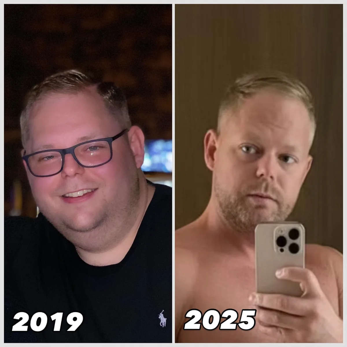Damien Pearl side by side, 2019 before and 2025 after a 60kg transformation